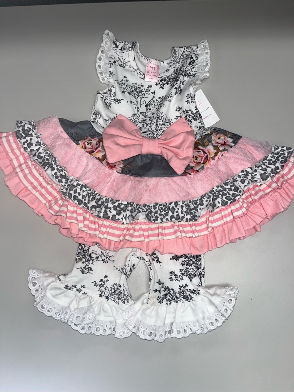 Giggle Moon Pink, White & Gray Floral Ruffle Matching Set